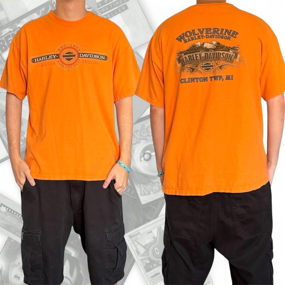 Orange Vintage Harley Davidson Tee Shirt Grunge Biker Graphic Eagle Y2K